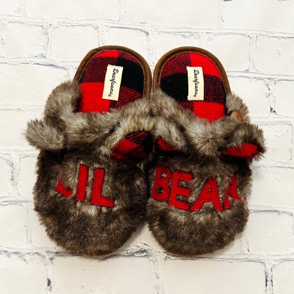 Lil Bear Dearfoams Fluffy Slippers - Buffalo Check & Brown Fur (Toddler 11-12)